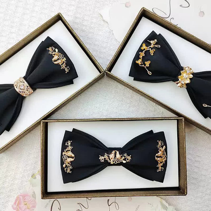 Nœud papillon double épaisseur en métal doré pour homme avec branches et oiseaux