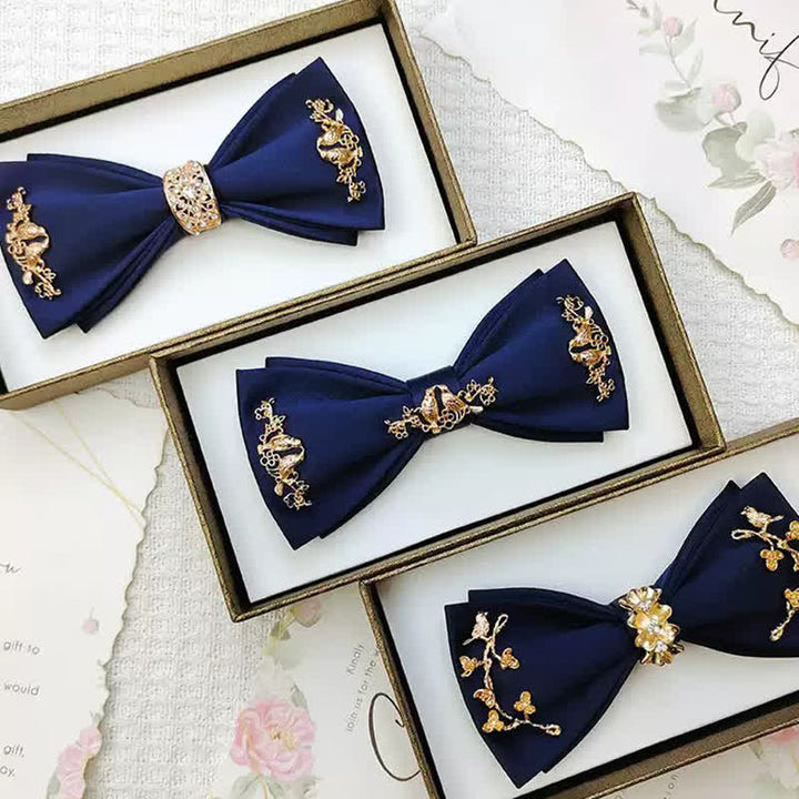 Nœud papillon double épaisseur en métal doré pour homme avec branches et oiseaux