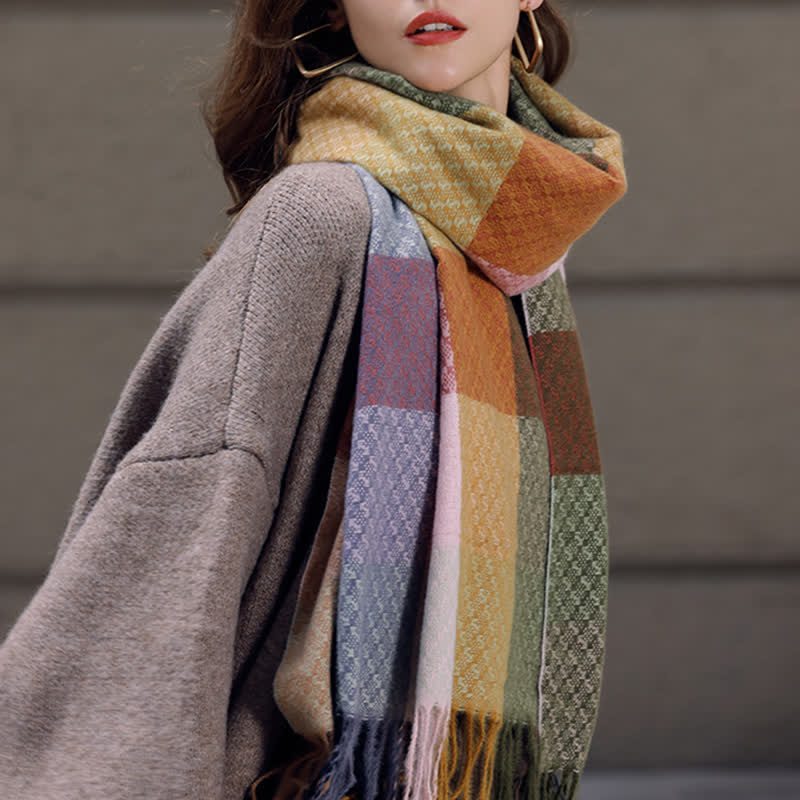 Écharpe à franges élégante à carreaux de couleurs contrastées unisexe