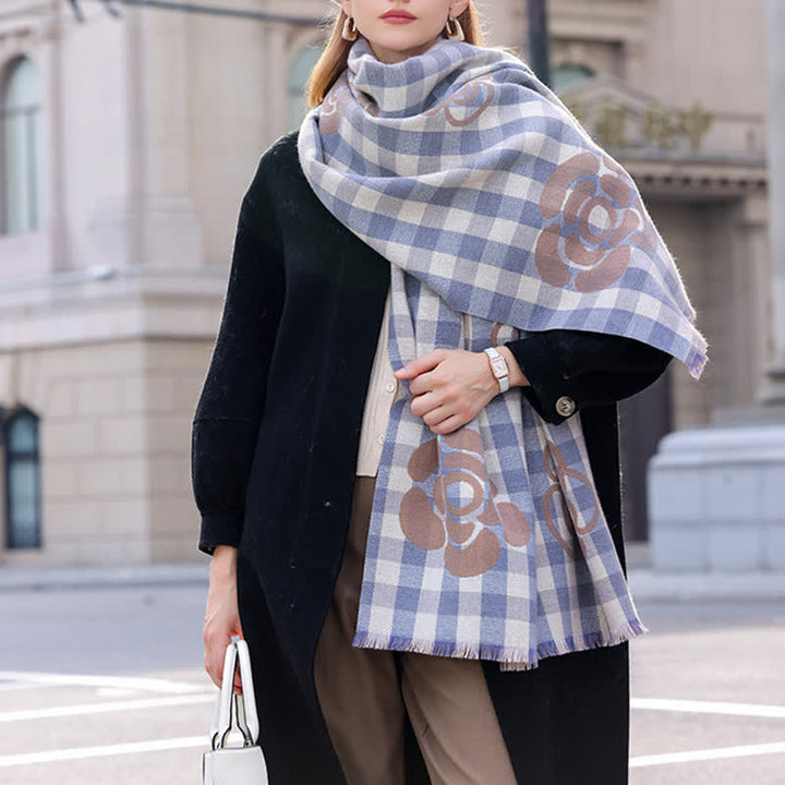 Écharpe unisexe à imprimé floral et à carreaux avec bordure à pampilles