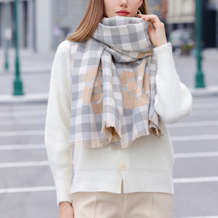 Écharpe unisexe à imprimé floral et à carreaux avec bordure à pampilles