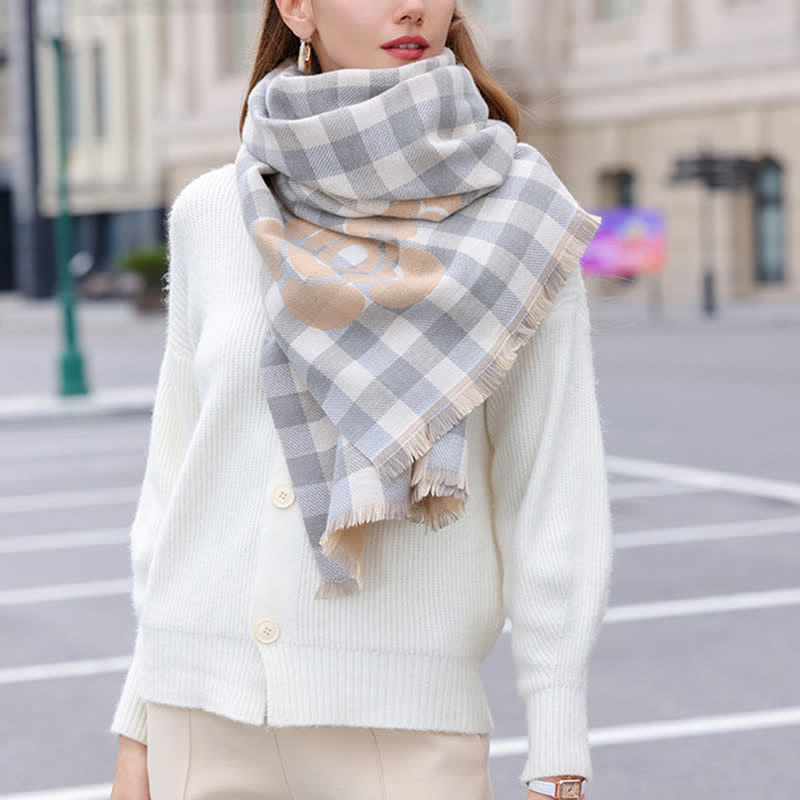 Écharpe unisexe à imprimé floral et à carreaux avec bordure à pampilles