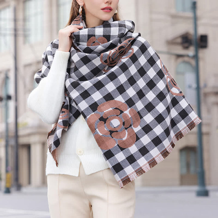 Écharpe unisexe à imprimé floral et à carreaux avec bordure à pampilles