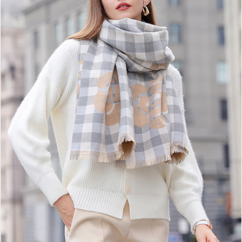 Écharpe unisexe à imprimé floral et à carreaux avec bordure à pampilles