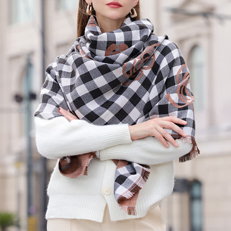 Écharpe unisexe à imprimé floral et à carreaux avec bordure à pampilles