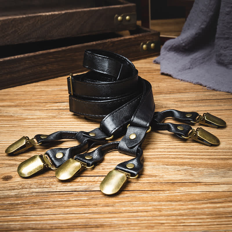 Bretelles rétro en cuir noir à 6 clips et dos en Y