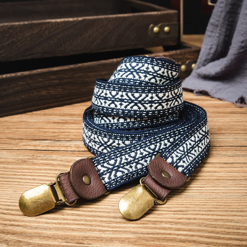 Bretelles élastiques à dos en Y à motif ethnique bleu marine et blanc