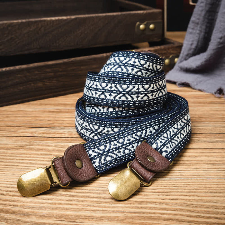 Bretelles élastiques à dos en Y à motif ethnique bleu marine et blanc