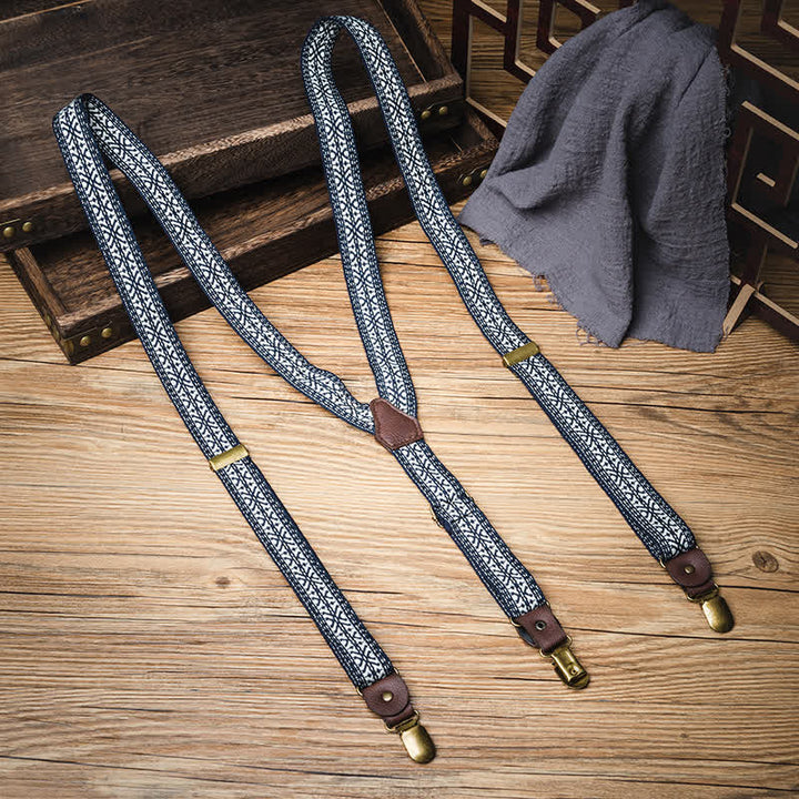 Bretelles élastiques à dos en Y à motif ethnique bleu marine et blanc