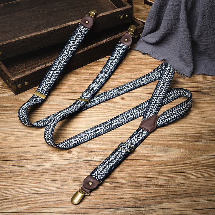 Bretelles élastiques à dos en Y à motif ethnique bleu marine et blanc