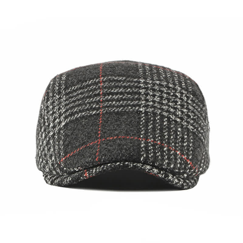 Béret à visière en laine mélangée à carreaux rayés vintage