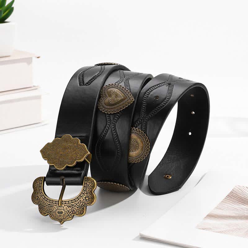 Ceinture en cuir noir avec rivets ronds et cœurs en bronze antique