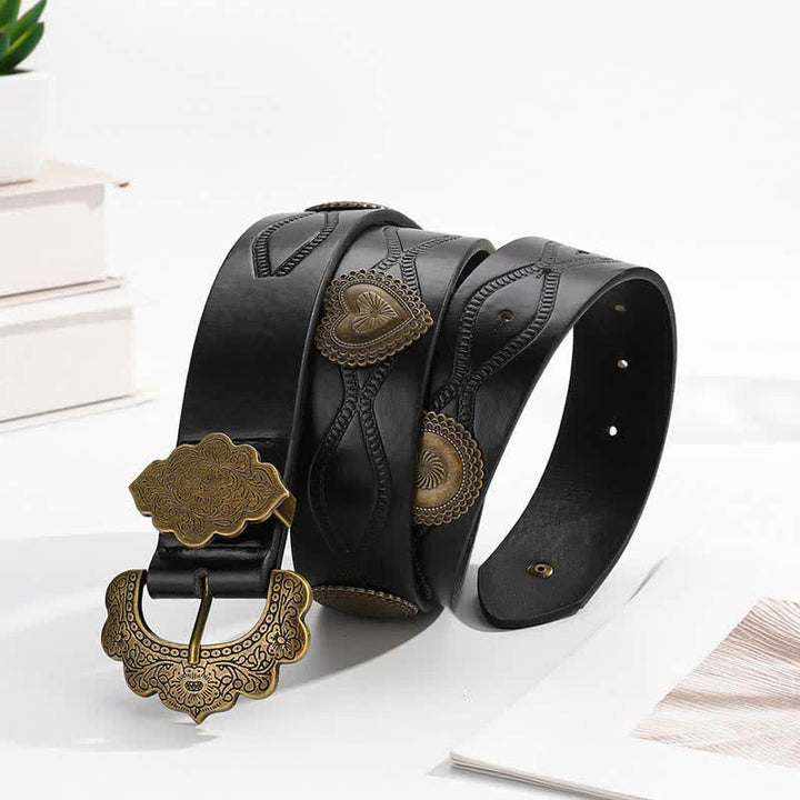 Ceinture en cuir noir avec rivets ronds et cœurs en bronze antique