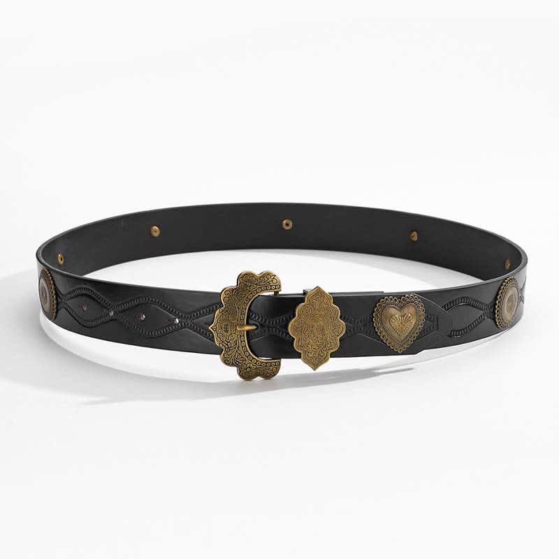Ceinture en cuir noir avec rivets ronds et cœurs en bronze antique
