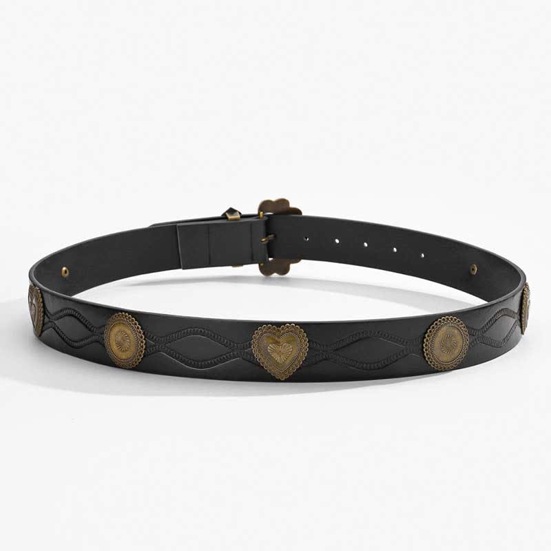 Ceinture en cuir noir avec rivets ronds et cœurs en bronze antique