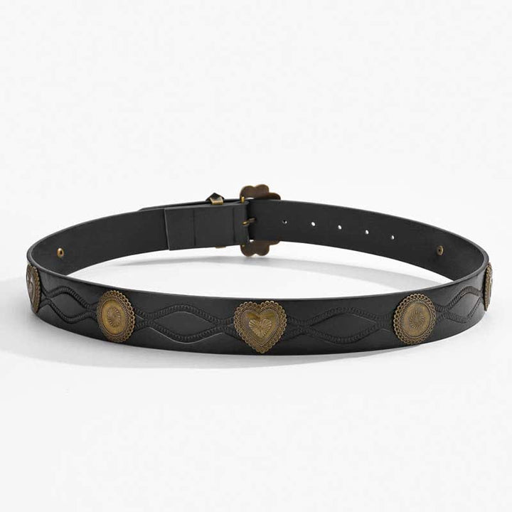 Ceinture en cuir noir avec rivets ronds et cœurs en bronze antique