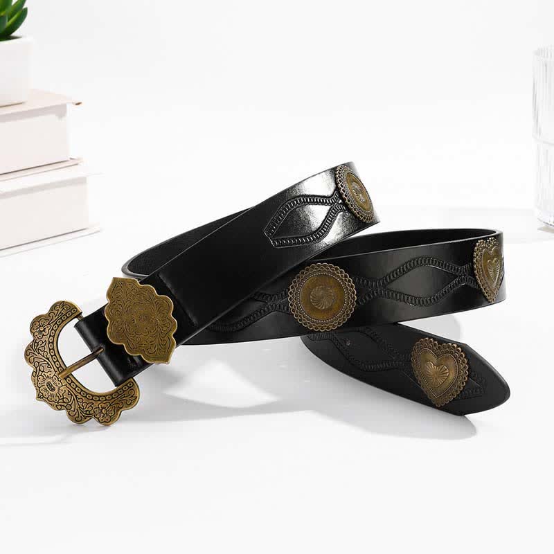 Ceinture en cuir noir avec rivets ronds et cœurs en bronze antique
