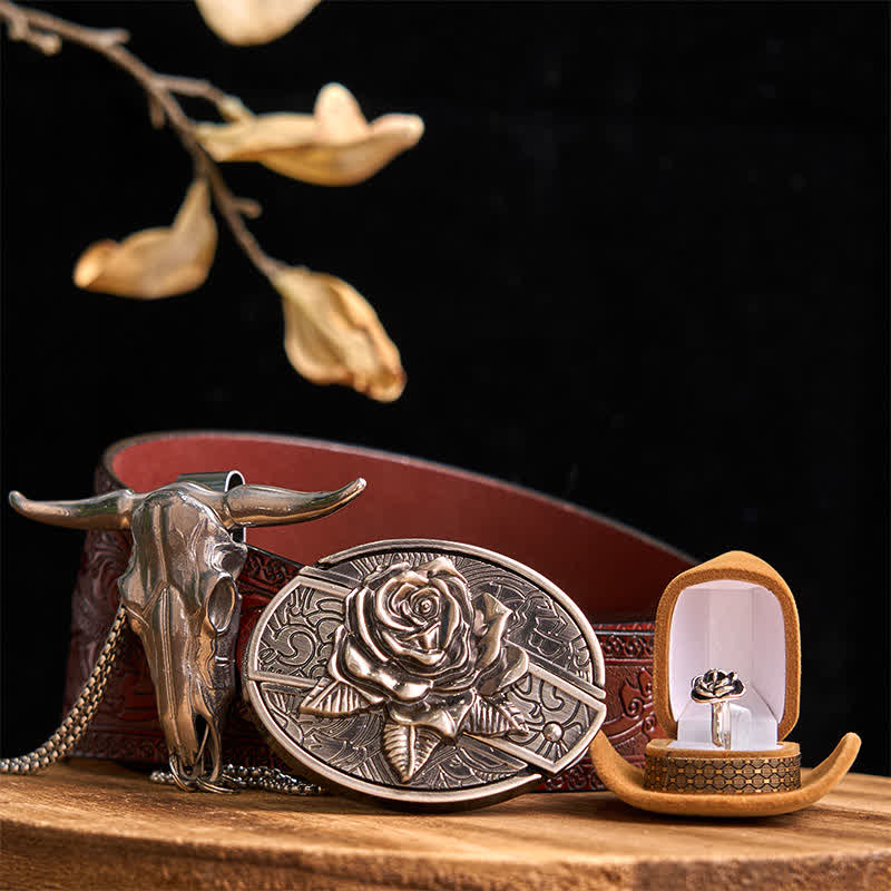 Ensemble de pendentifs à long cornes de taureau avec boucle de ceinture et couteau caché à faire soi-même sur le thème de la rose