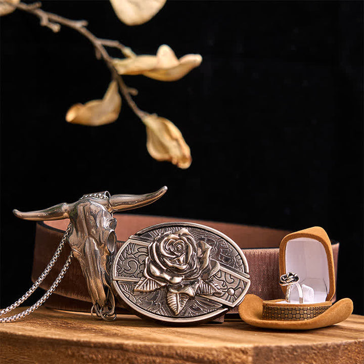 Ensemble de pendentifs à long cornes de taureau avec boucle de ceinture et couteau caché à faire soi-même sur le thème de la rose