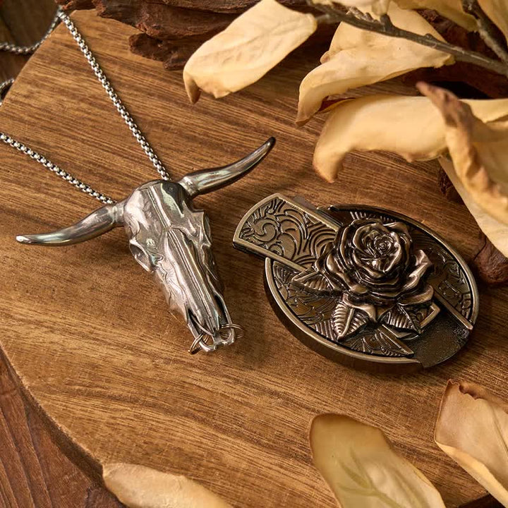 Ensemble de pendentifs à long cornes de taureau avec boucle de ceinture et couteau caché à faire soi-même sur le thème de la rose