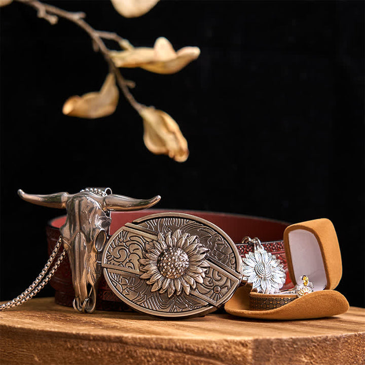 Ensemble de boucles de ceinture à couteau caché DIY sur le thème du tournesol, pendentif taureau à longues cornes