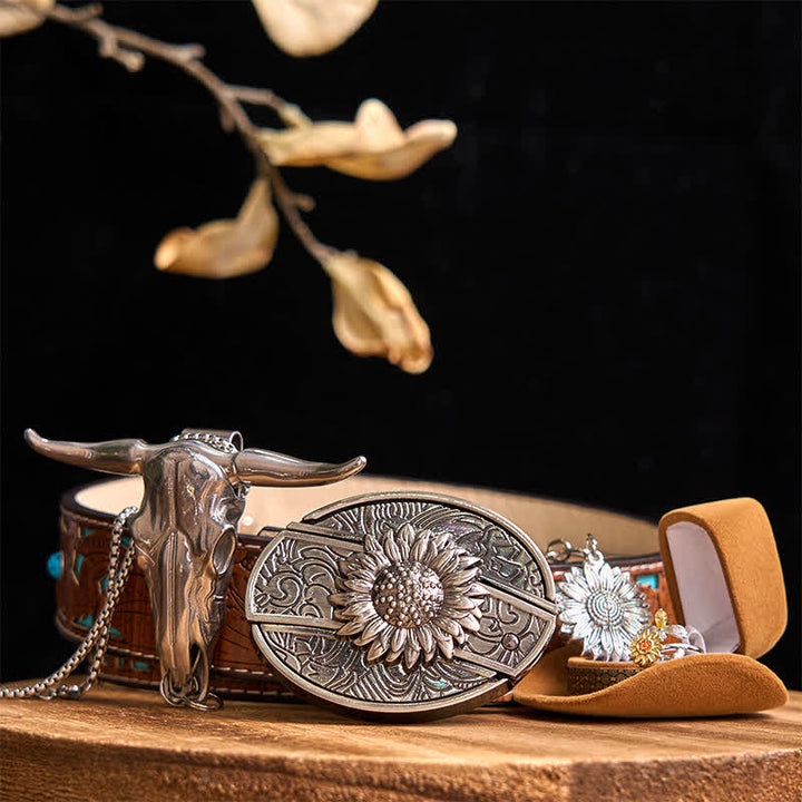 Ensemble de boucles de ceinture à couteau caché DIY sur le thème du tournesol, pendentif taureau à longues cornes