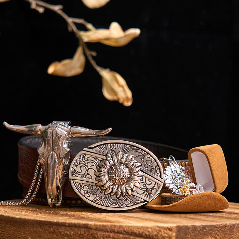 Ensemble de boucles de ceinture à couteau caché DIY sur le thème du tournesol, pendentif taureau à longues cornes