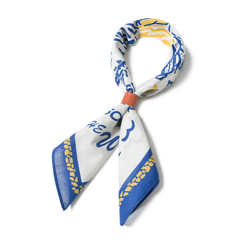 Foulard carré blanc et bleu motif feu de camp de cow-boy