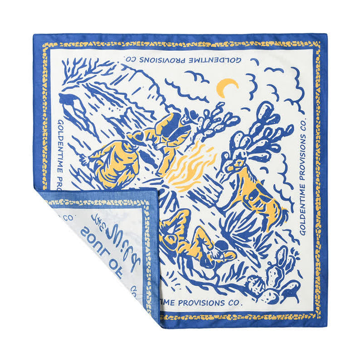 Foulard carré blanc et bleu motif feu de camp de cow-boy