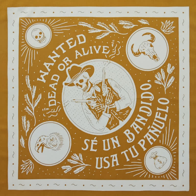 Foulard carré imprimé crâne de pirate jaune et blanc