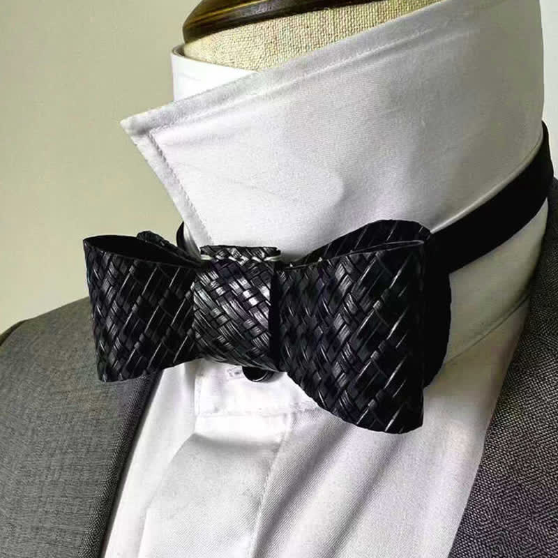 Nœud papillon en cuir véritable à motif tissé noir pour homme