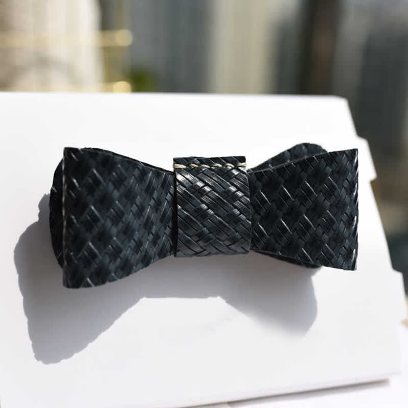 Nœud papillon en cuir véritable à motif tissé noir pour homme
