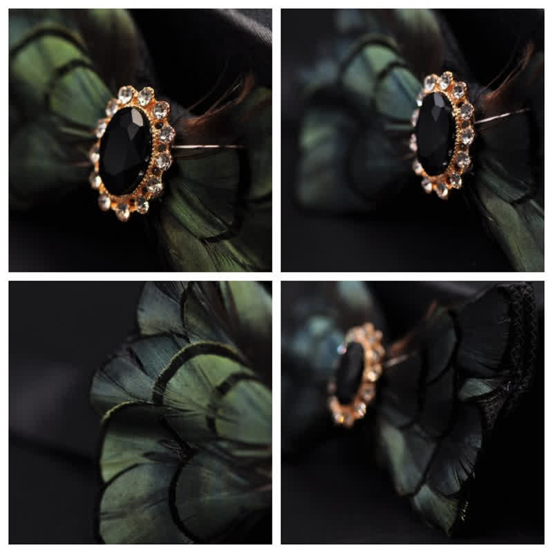 Nœud papillon formel en plumes et cristal vert forêt - image 5