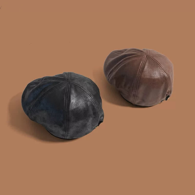 Béret octogonal en cuir de style rétro à tête plate