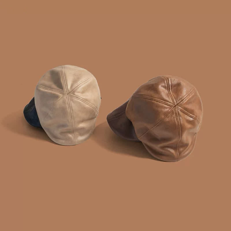 Béret octogonal en cuir de style rétro à tête plate