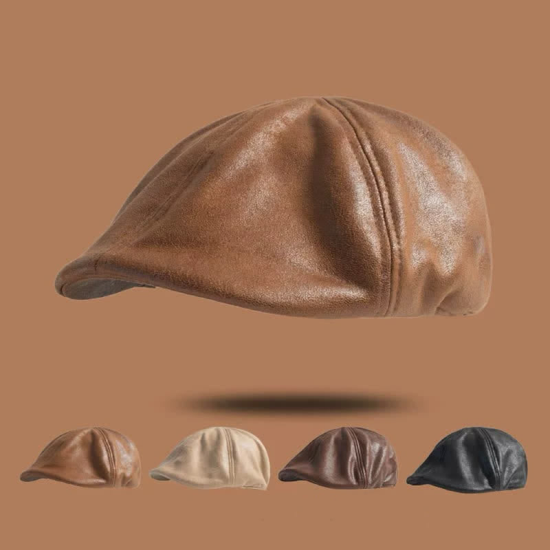 Béret octogonal en cuir de style rétro à tête plate