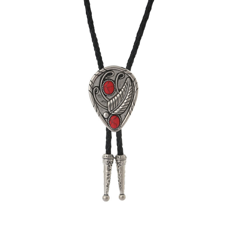 Cravate bolo incrustée de pierres naturelles avec feuilles de cow-boy indigènes