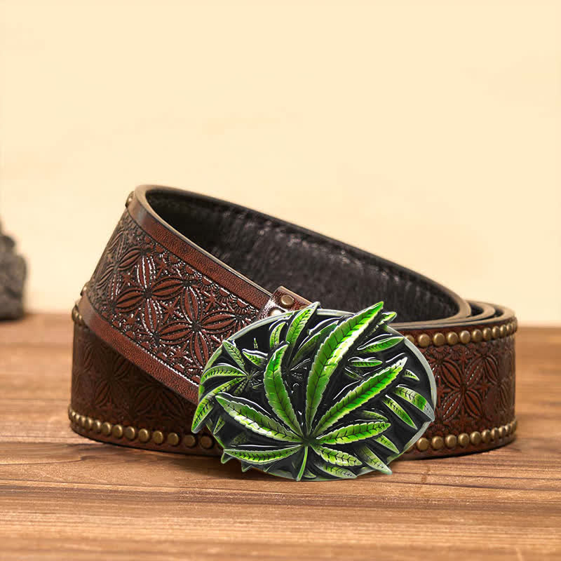 Ceinture en cuir à boucle en forme de plante d'érable verte DIY pour homme