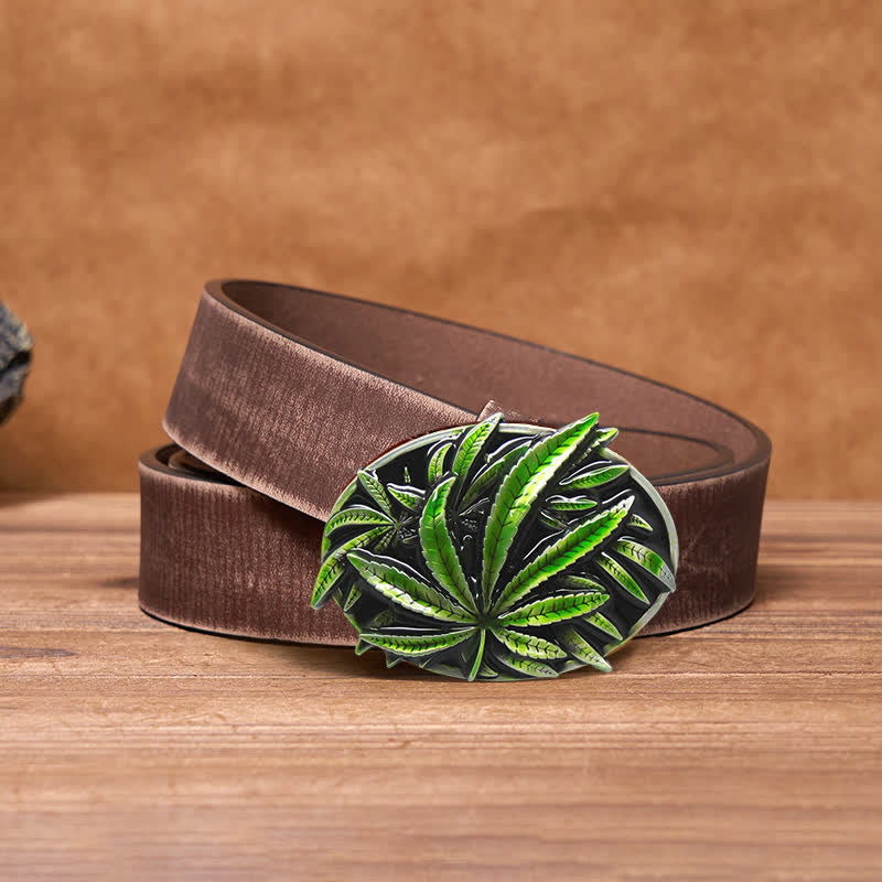 Ceinture en cuir à boucle en forme de plante d'érable verte DIY pour homme