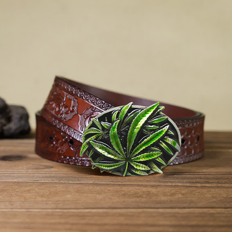 Ceinture en cuir à boucle en forme de plante d'érable verte DIY pour homme
