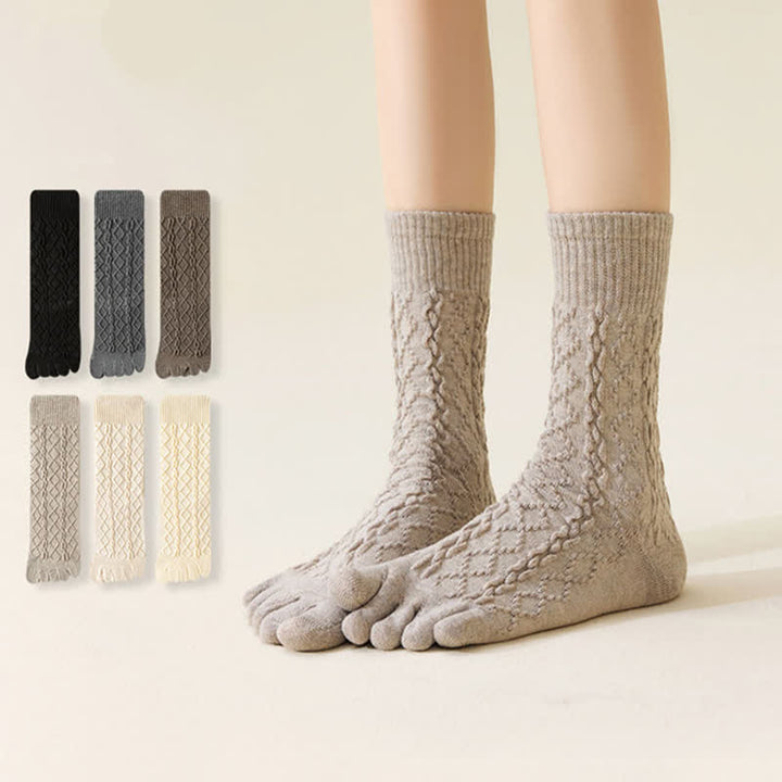 Chaussettes mi-mollet en laine à cinq orteils et à grain torsadé pour femme
