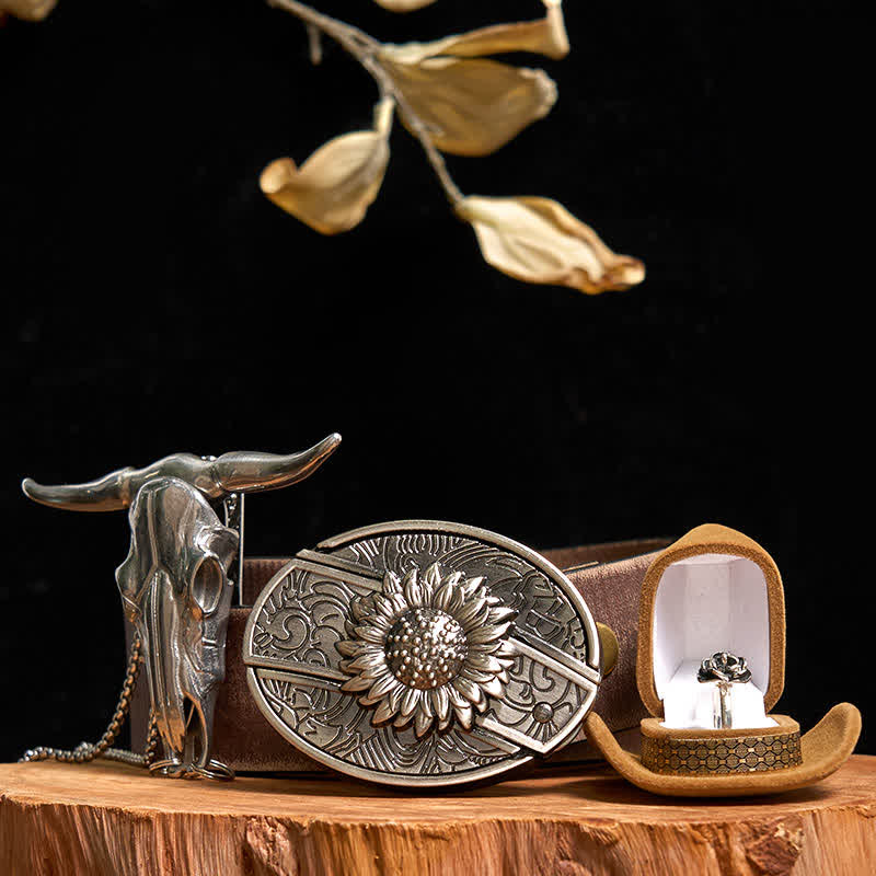 Ensemble de boucles de ceinture, couteau caché, pendentif taureau, bague rose, tournesol, DIY