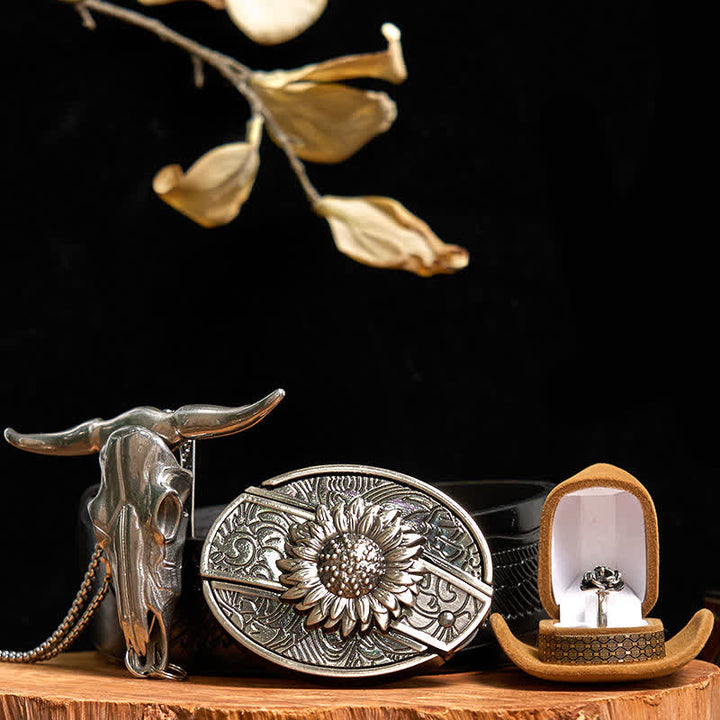 Ensemble de boucles de ceinture, couteau caché, pendentif taureau, bague rose, tournesol, DIY