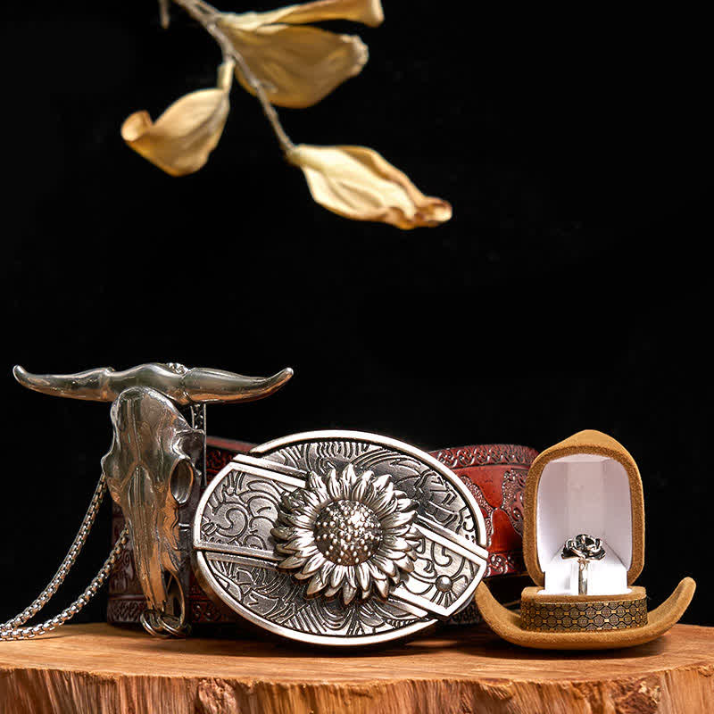 Ensemble de boucles de ceinture, couteau caché, pendentif taureau, bague rose, tournesol, DIY