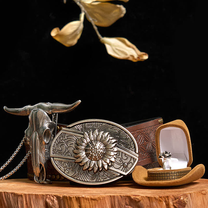Ensemble de boucles de ceinture, couteau caché, pendentif taureau, bague rose, tournesol, DIY