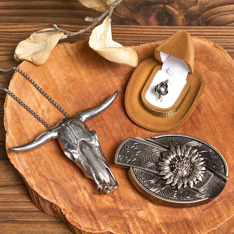 Ensemble de boucles de ceinture, couteau caché, pendentif taureau, bague rose, tournesol, DIY