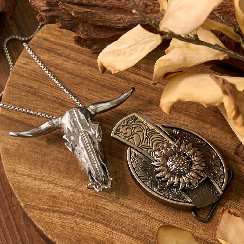 Ensemble de boucles de ceinture, couteau caché, pendentif taureau, bague rose, tournesol, DIY