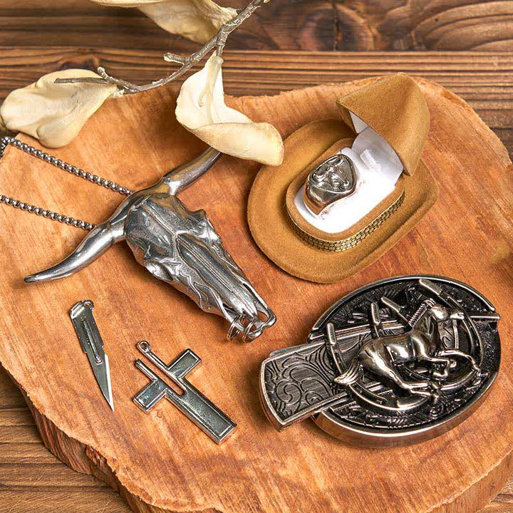Ensemble de boucles de ceinture, collier, pendentif, bague, couteau caché, cheval, DIY