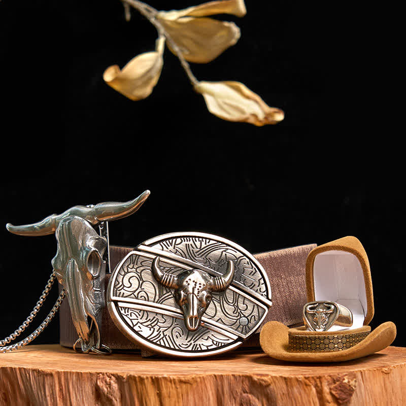Ensemble de boucles de ceinture, pendentifs et bagues à faire soi-même, couteau caché, taureau Longhorn