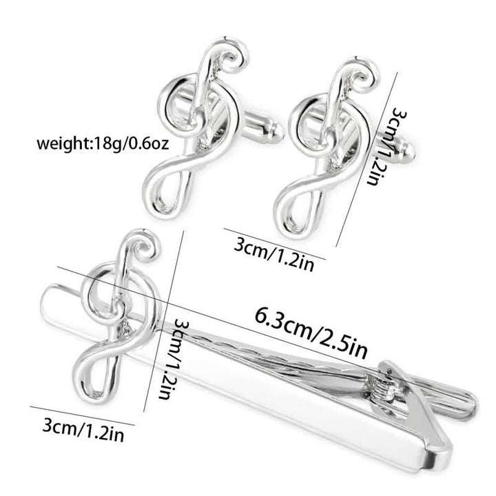 Lot de 2 boutons de manchette à pince à cravate en argent pour homme avec note de musique